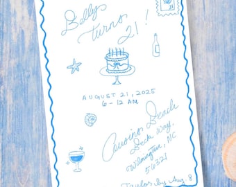 Faire-part d'anniversaire dessiné main sur la plage d'été : fichier numérique personnalisable