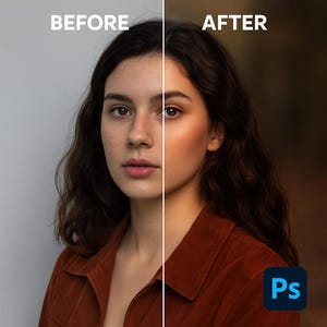 Puede incluir: Imagen dividida que muestra el rostro de una mujer antes y después de la edición fotográfica. El lado izquierdo muestra la imagen original, mientras que el lado derecho muestra la versión editada con tono de piel e iluminación mejorados. Las palabras "BEFORE" y "AFTER" están en la parte superior.