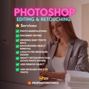 Può includere: Immagine che promuove servizi di editing e ritocco di Photoshop. Il testo include "Photoshop Editing & Retouching" e un elenco di servizi. Una donna sta lavorando su un laptop.