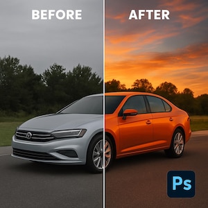 May include: Image comparison of a silver car before and an orange car after editing. The text "BEFORE" is above the silver car, and "AFTER" is above the orange car. The sky changes from gray to a sunset. A blue "Ps" logo is in the bottom right.