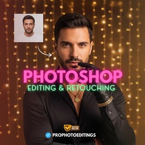 Könnte beinhalten: Ein Mann in einem schwarzen Hemd und schwarzen Handschuhen, mit dem Text "PHOTOSHOP EDITING & RETOUCHING" in rosa und grünem Neon. Ein kleines Porträt befindet sich in der oberen linken Ecke. Das Bild hat einen goldenen und gelben Bokeh-Hintergrund.