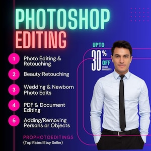 Op de afbeelding: Een promotionele afbeelding voor Photoshop-bewerkingsdiensten. De afbeelding toont een man in een wit overhemd en zwarte stropdas, met tekst die diensten opsomt zoals fotoretouchering, schoonheidsretouchering en bruiloftsfoto-bewerkingen. Er is ook een kortingsaanbieding opgenomen.