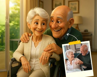 May include: A heartwarming illustration of an elderly couple, the woman in a wheelchair, the man with his arms around her. The image includes a smaller photo of the couple. The woman wears a cream-colored cardigan and the man a green sweater.