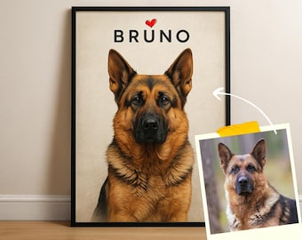 May include: Framed portrait of a German Shepherd dog with brown and black fur. The dog's name, "BRUNO", is above the dog's head, with a red heart symbol. A smaller photo of the dog is attached with yellow tape.