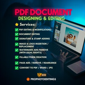 May include: Image promoting PDF document designing and editing services. Text includes a list of services: PDF editing, document editing, signature adding, image replacement, watermark removal, fillable form creation, page rearrangement, and conversion to PDF/Word/JPG.