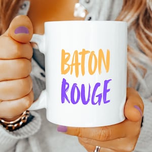 Baton Rouge Coffee Mug Purple Gold Brush Font Ceramic Cup LSU Colors Gift for Louisiana College Town Pride Southern Students and Fans