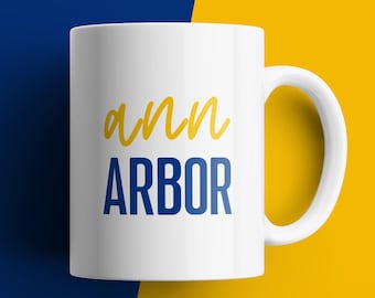Taza de café de Ann Arbor: Regalo para fanáticos de los deportes de Michigan, azul y maíz