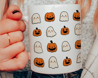 Kawaii Halloween Ghost & Pumpkin Coffee Mug: Spooky Fall Decor