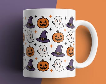 Taza de café de Halloween: Diseño de fantasma, calabaza y sombrero de bruja