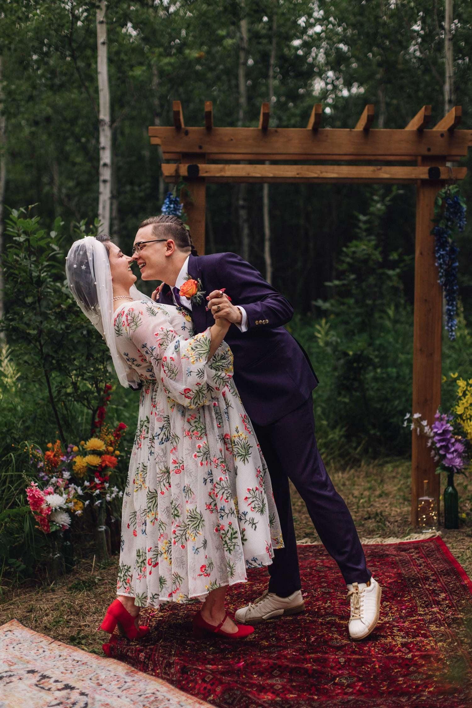 Peyton - Floral Embroidered Long Puff Sleeve Bridal Gown - Tea Length ...