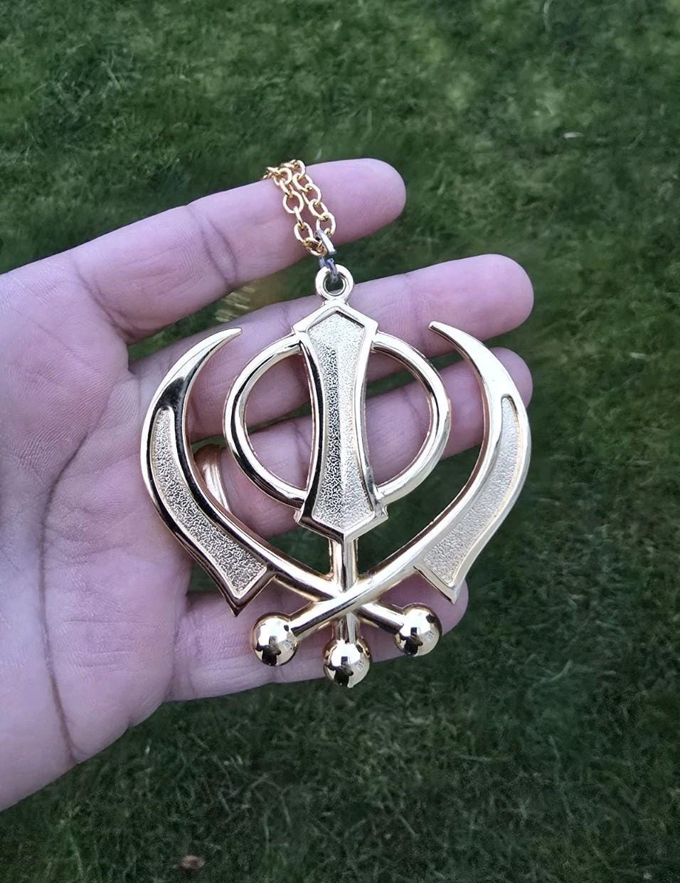 Ciondolo grande, sikh punjabi placcato in oro, khanda senza