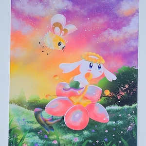 May include: A vibrant illustration featuring a whimsical scene with a white bunny-like creature riding a large pink flower. A yellow insect with white wings flies nearby. The background showcases a colorful sunset and a field of flowers.