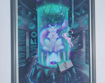 Mewtwo and Mew Art Print | Handmade Pocket monster Digital Watercolor Art | 2 Sizes