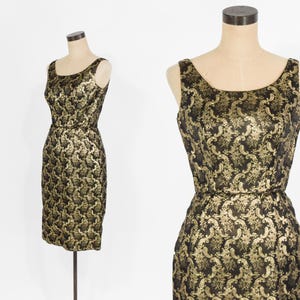 1960s Gold & Black Floral Cocktail Party Dress