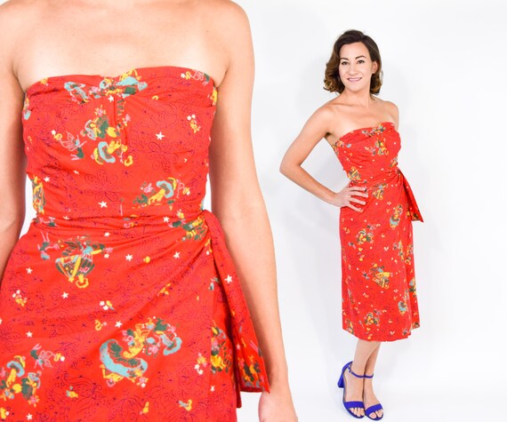 1940s Red Novelty Print Dress, Fairy Print, XS - image 1