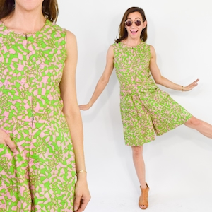 1960s Green Print Zipper Front Jumpsuit, Medium