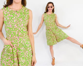 1960er Jahre Grün Print Reißverschluss vorne Jumpsuit, Medium