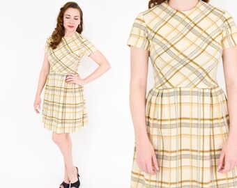 1950s Creme Plaid Wool Dress Small