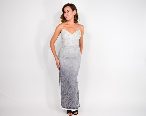 grey ombre maxi dress 1990s Gray Beaded Evening | Silk Slip Dress | Extra Small LDR-1341-BATIK
