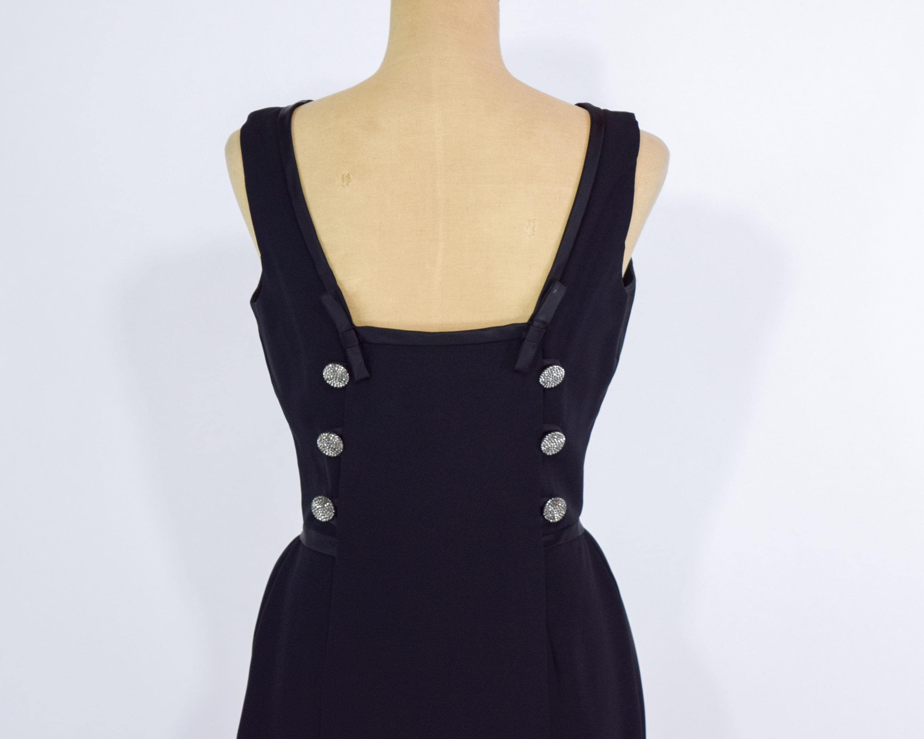 black dress with silver buttons 1950s Black Silver Button Low Back Dress XS