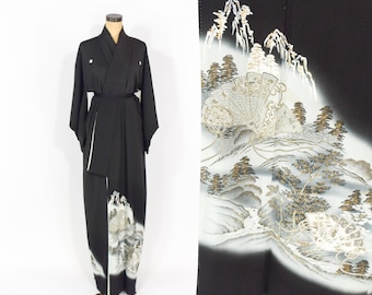 Vintage Black Silver Silk Kimono