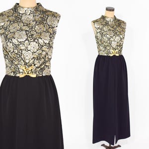1960s Gold Black Evening Dress Large