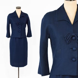 1960er Jahre Marine-Seidenanzug | Navy Blau Mod Jacke & Rock Anzug Set Small