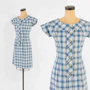 1960s Blue Plaid Cotton Day Dress, Small