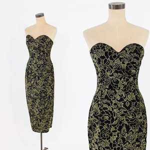 1980s Black Gold Glitter Evening Dress, Small