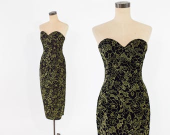 1980s Black Gold Glitter Evening Dress, Small