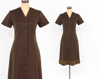 1960s Brown Fur Trim Dress | Short Sleeve Wool Shift Dress Size Large