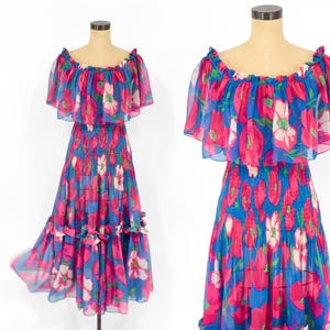 1970s Fuchsia Pink Print Party Dress, Small