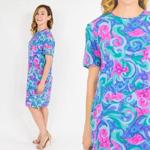 1990s Bright Blue & Pink Floral Print Silk Dress, Large