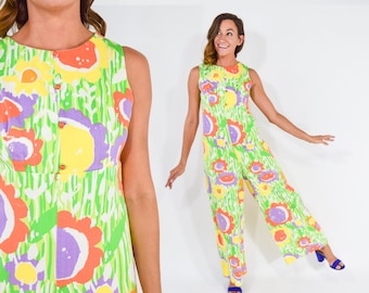 1960er Jahre Grüner Print-Jumpsuit, Medium
