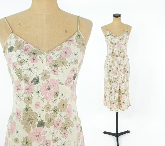 j crew silk floral dress 2000s Tan Floral Silk Slip Dress, J Crew Size 4