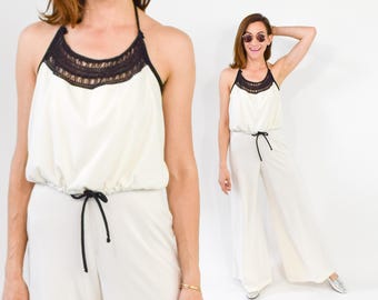 1970s Ivory White Wide Leg Jumpsuit, Small