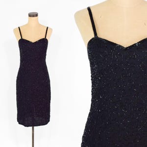 1990s Black Silk Beaded Party Dress Small