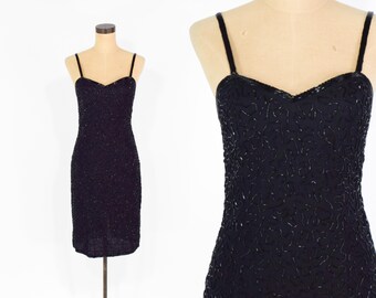1990s Black Silk Beaded Party Dress Small