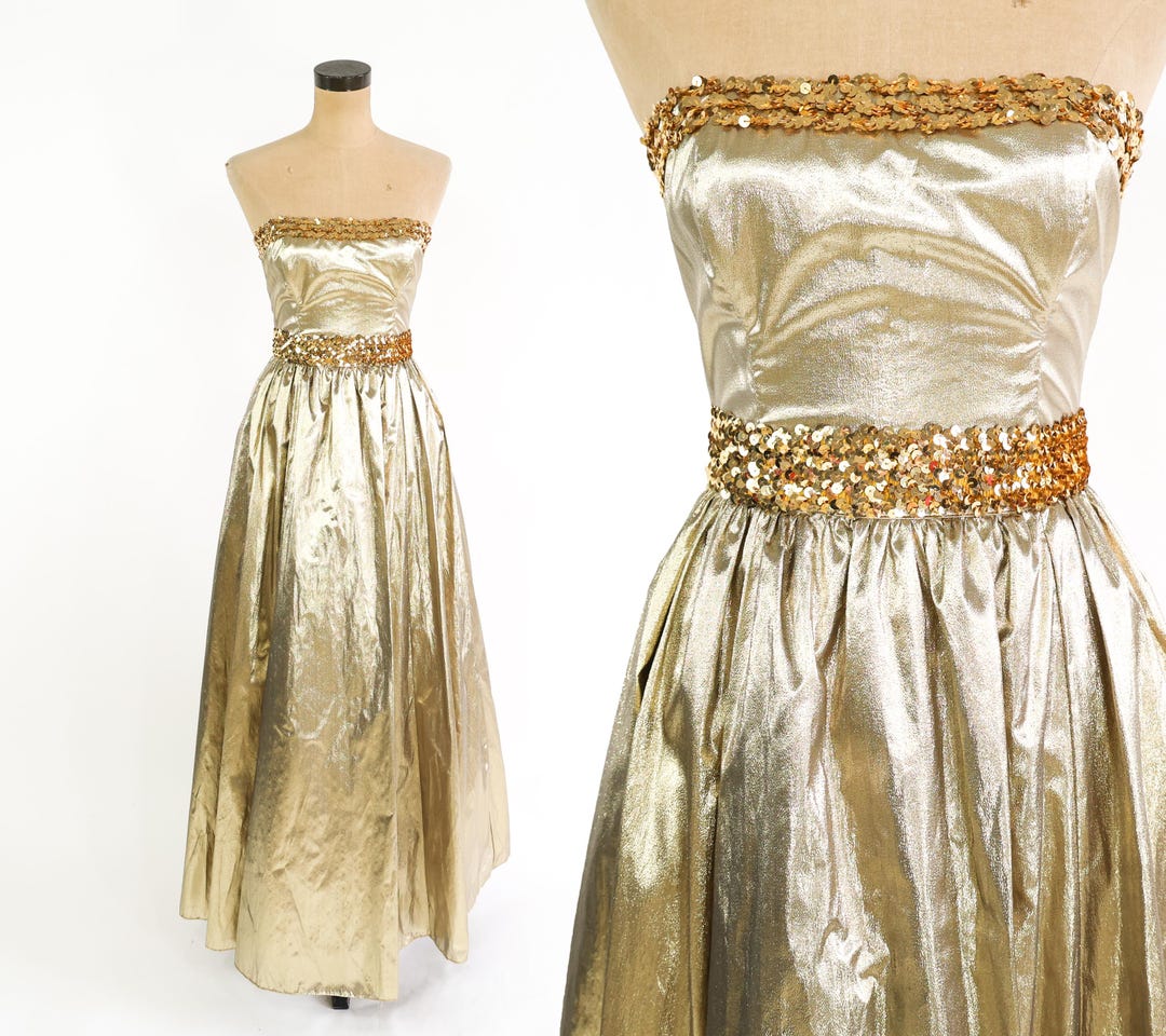 1980s Metallic Gold Prom Dress | Strapless Sequin Party Dress - Etsy