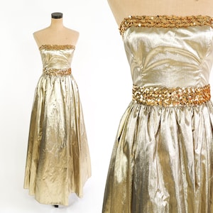 1980s Metallic Gold Prom Dress | Strapless Sequin Party Dress
