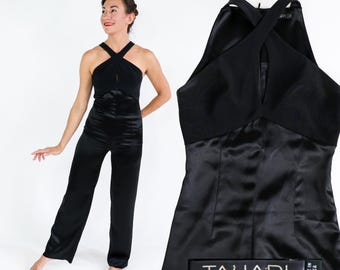 2000s Tahari Black Satin Jumpsuit, Extra Small