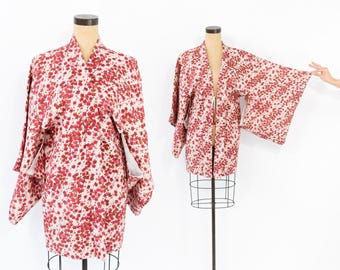 Vintage Red Floral Print Haori Kimono Jacket