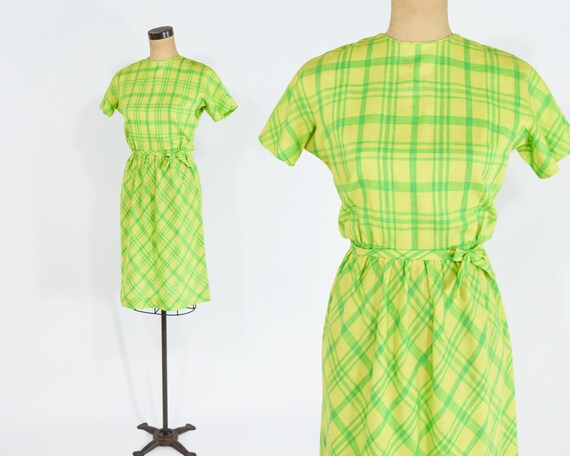 lime green plaid dress Unique Vintage Green Plaid Belted Cotton Shirt Dress