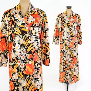 1960s Orange Floral Quilted Robe, Medium