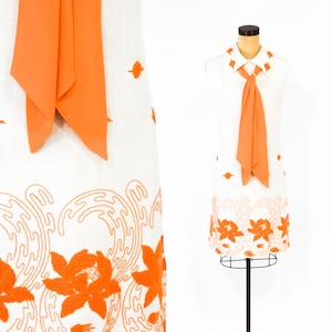 1960s Orange besticktes ärmelloses Tageskleid Medium