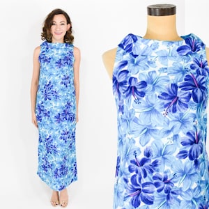 1960s Blue Hawaiian Print Maxi Dress | Medium