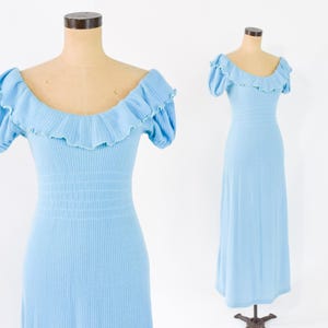 1970er Jahre Himmelblaues Maxi-Strickkleid, Medium