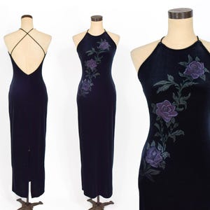 1990s Black Velvet Dress | Backless Painted Stretch Velvet Dress Extra Small