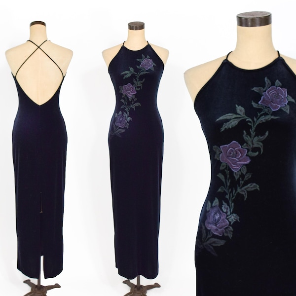 1990s Black Velvet Dress | Backless Painted Stretch Velvet Dress Extra Small