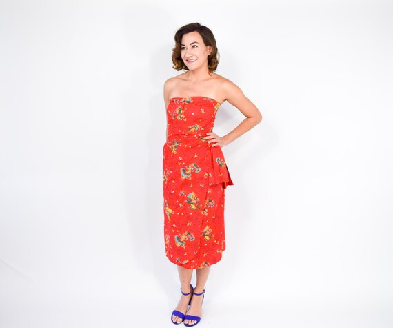 1940s Red Novelty Print Dress, Fairy Print, XS - image 8